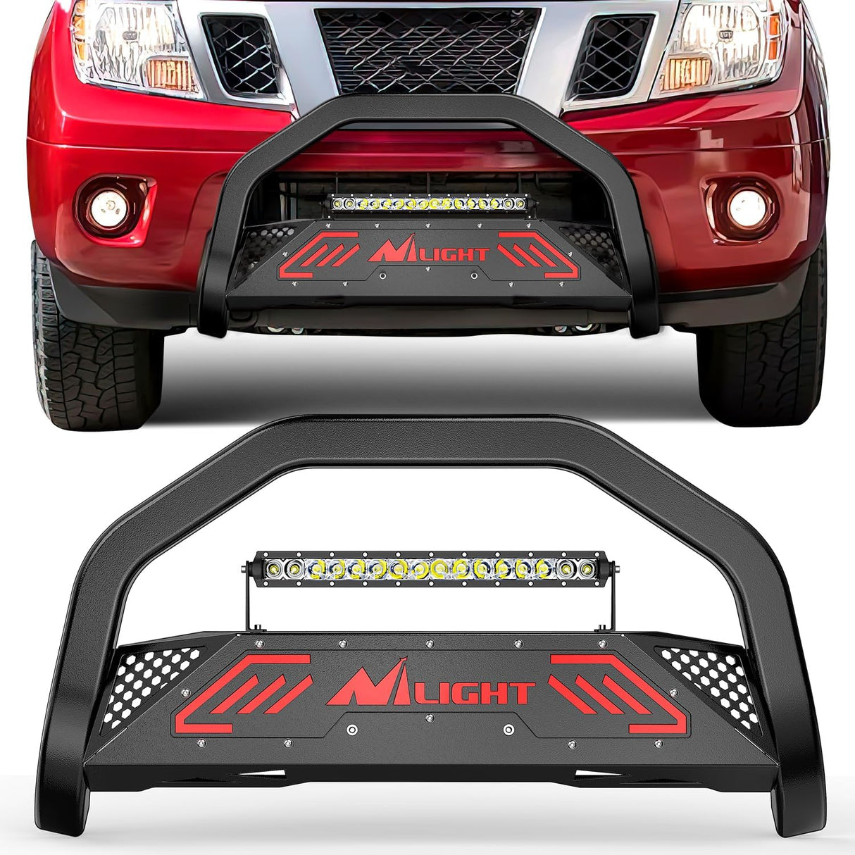 Bull Bar with Light Compatible with Nissan Frontier 2005-2021 (Tow Hooks Must be Removed) Front Bumper Grille Brush Push Guard with Skid Plate Licence Hole Black