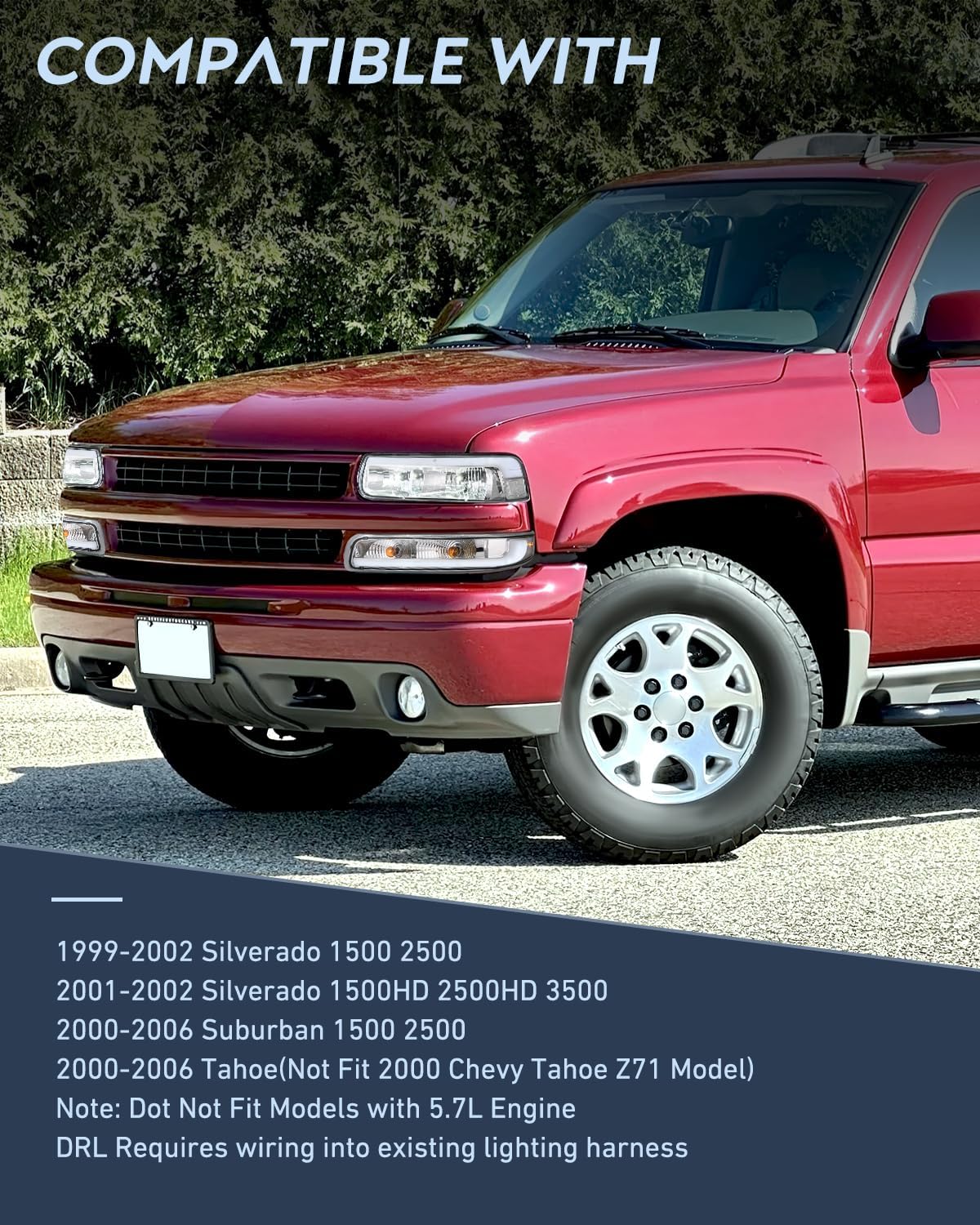 LED DRL Headlight Assembly for 1999 2000 2001 2002 Chevy Silverado 1500 1500HD 2500 2500HD 3500 Chevrolet Tahoe Suburban Replacement Headlamp Clean Lens Chrome Housing Bumper Lights Set