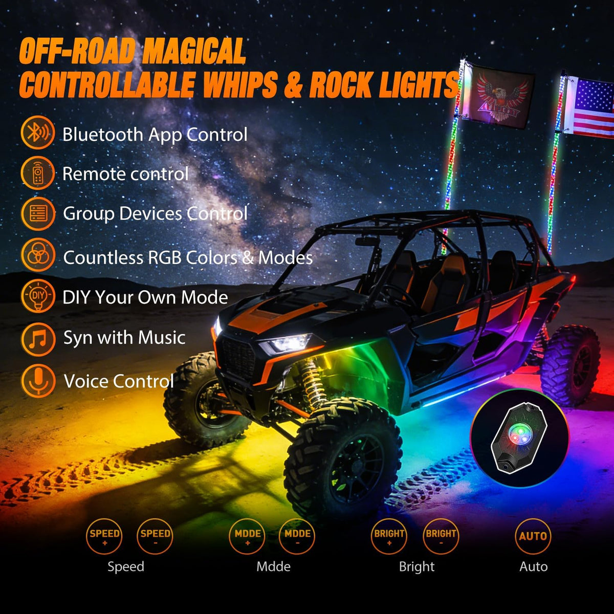 RGB LED Whip Light 2PCS 4FT with 4 Rock Lights Combo | APP and Remote Control with DIY Chasing Patterns Turn Signal Brake Reverse Functions and Spring Base for ATV UTV RZR and Jeep