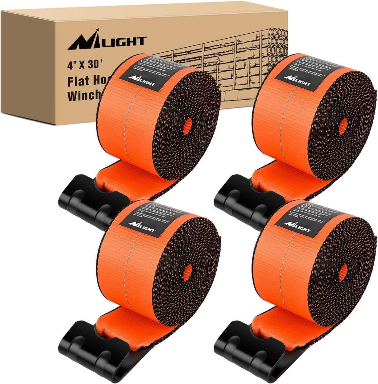 Truck Straps 4 Inch x 30' Heavy Duty Tie Down with Flat Hooks | 16800LBS Break Strength & 5400LBS WLL for Flatbed Trailer Cargo Control Recovery Tree Saver 4 Pack Orange