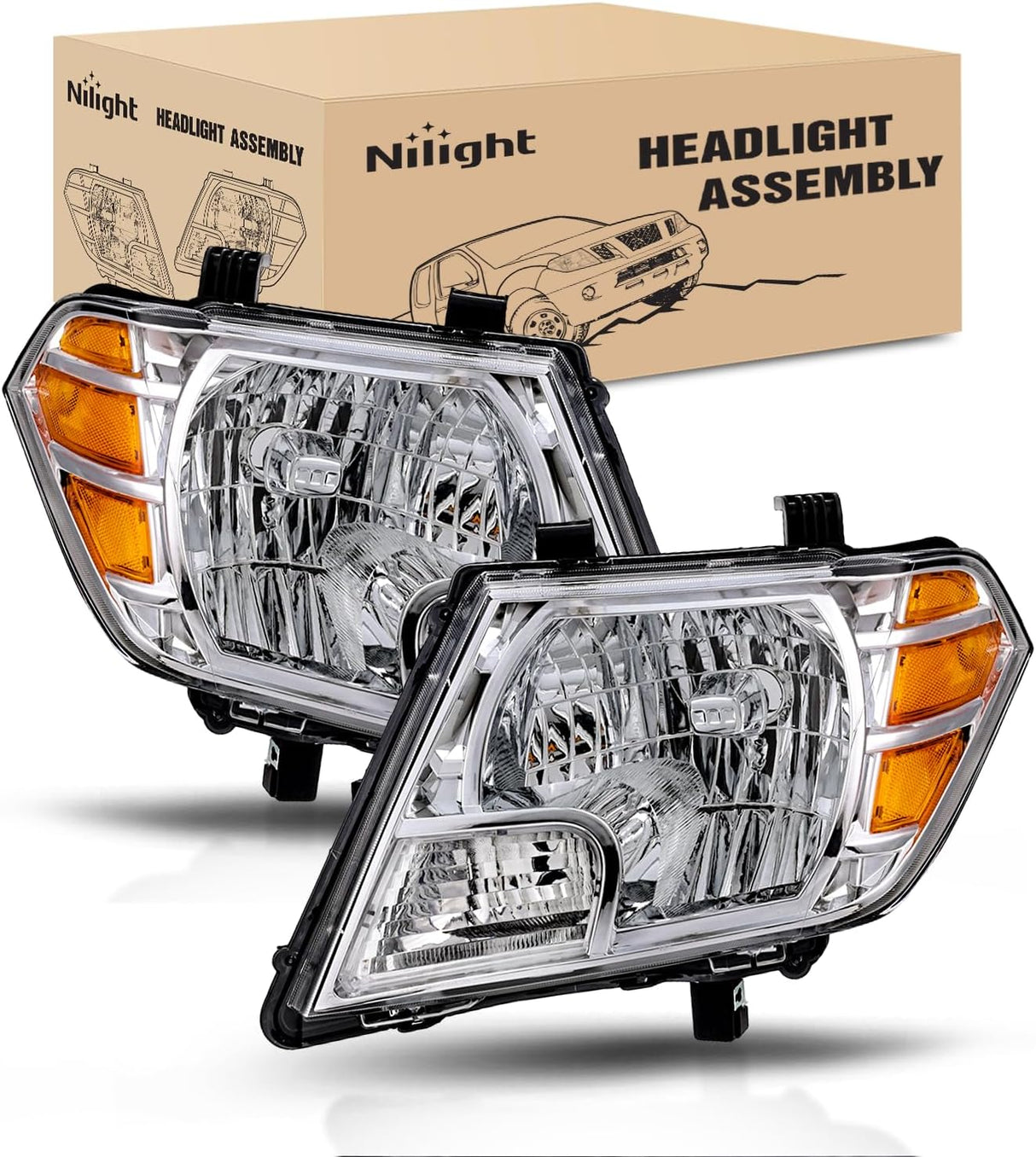Headlight Assembly Compatible with 2009-2021 Nissan Frontier | 2009-2021 Nissan Frontier 4-Door Sedan Chrome Housing Amber Reflector