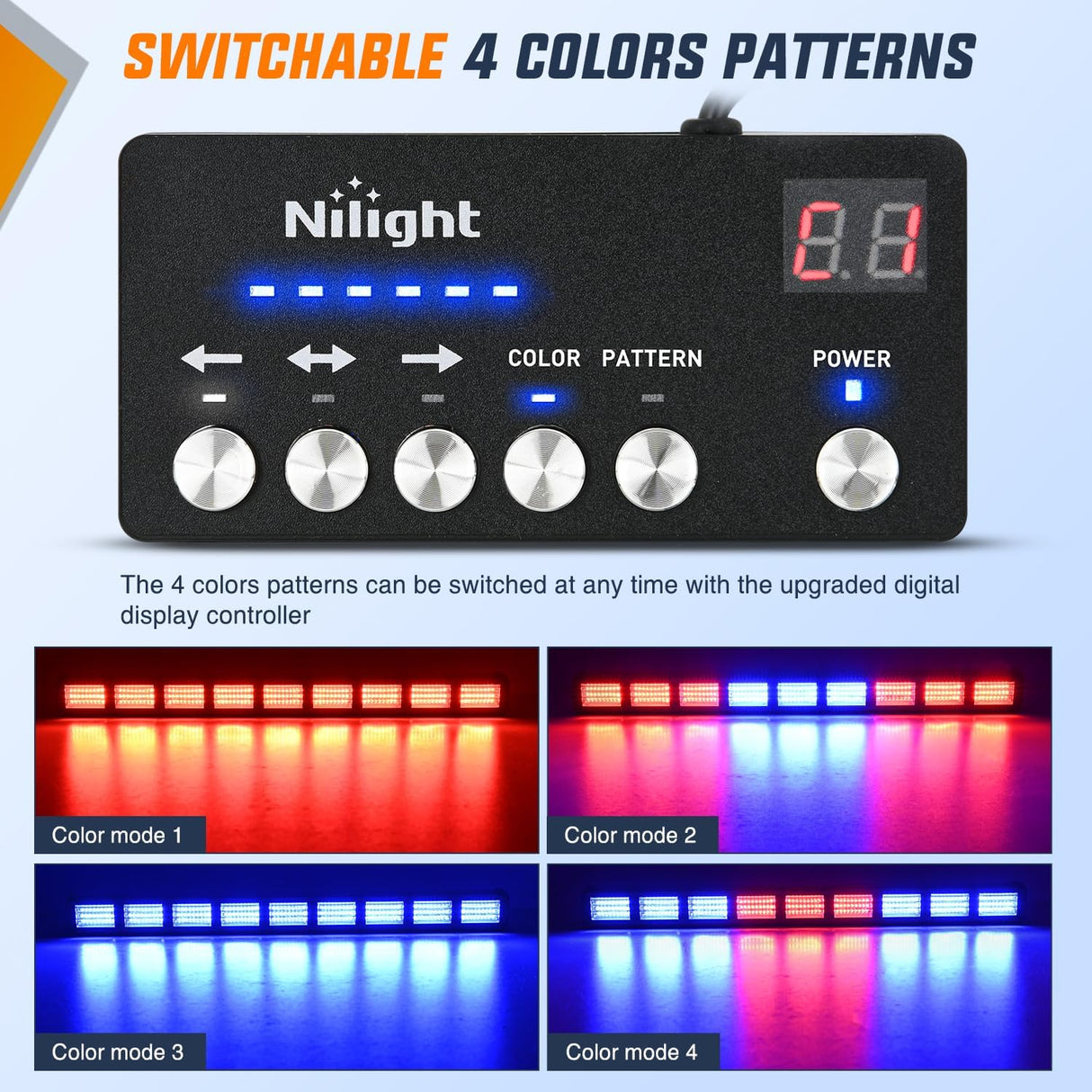 162 LED Traffic Advisor Strobe Light Bar 2-in-1 Red Blue Emergency Warning Hazard Lights with Controller 4 Switchable Color 36 Flash Pattern for Trucks Cars Tow Plow Construction Vehicles