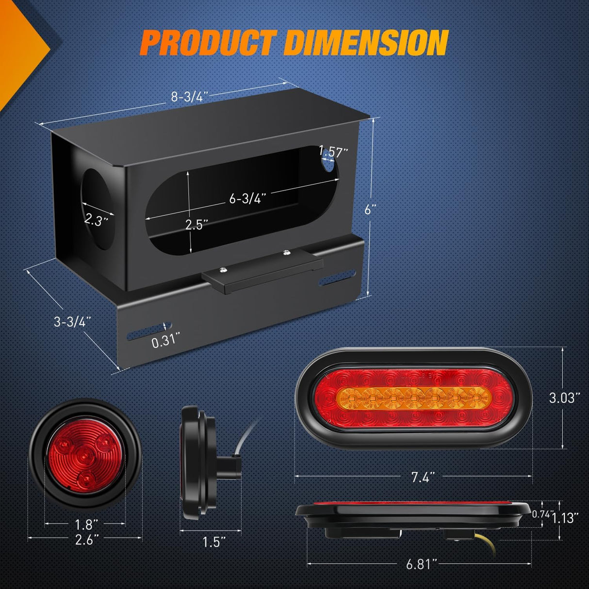 2 PCS Steel Trailer Light Boxes Housing Kit 3LED License Plate Lights 6 Inches Oval Red Amber Tailight 2 Inch Round Side Marker Lamp Grommet Plugs for Truck Tractor Car