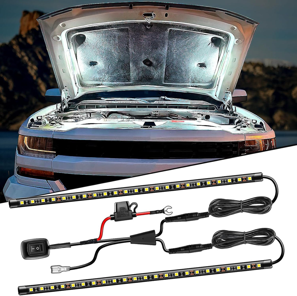 2pcs Under Hood Light Strip 42LED Waterproof Underhood Work Light with On/Off Switch Blade Fuse Engine Bay Repair Light White 12V for Car Truck SUV