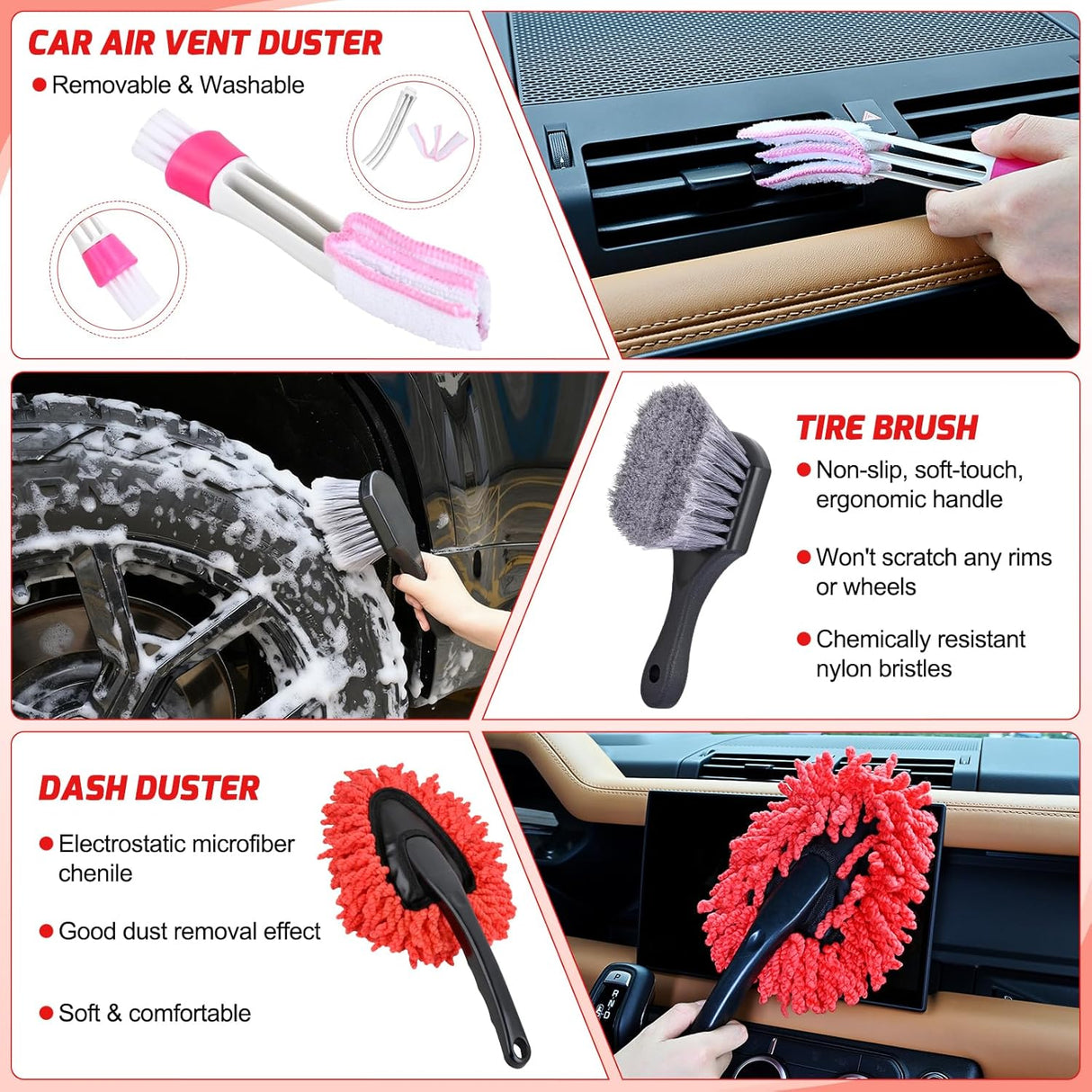 Automotive Tools 27PCS Car Detailing Kit Auto Cleaning Tools Wash Set with Storage Carry Bag Home Use for Interior Exterior Deep Clean Polish Car Care Windshield Dashboard Seat Air Vents Wheels Tires, Red
