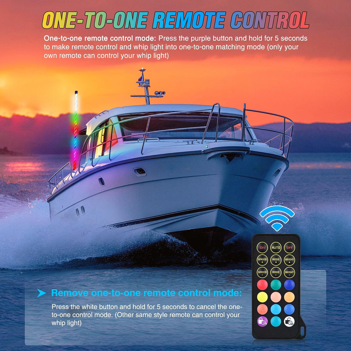 Boat Navigation Light 4FT Spiral LED Whip Lights 360° Visibility 2NM Coast Guard Compliant 400+ Patterns with Remote Plug-in Base Boats Stern Navlight for Night Fishing, Yacht, Pontoon