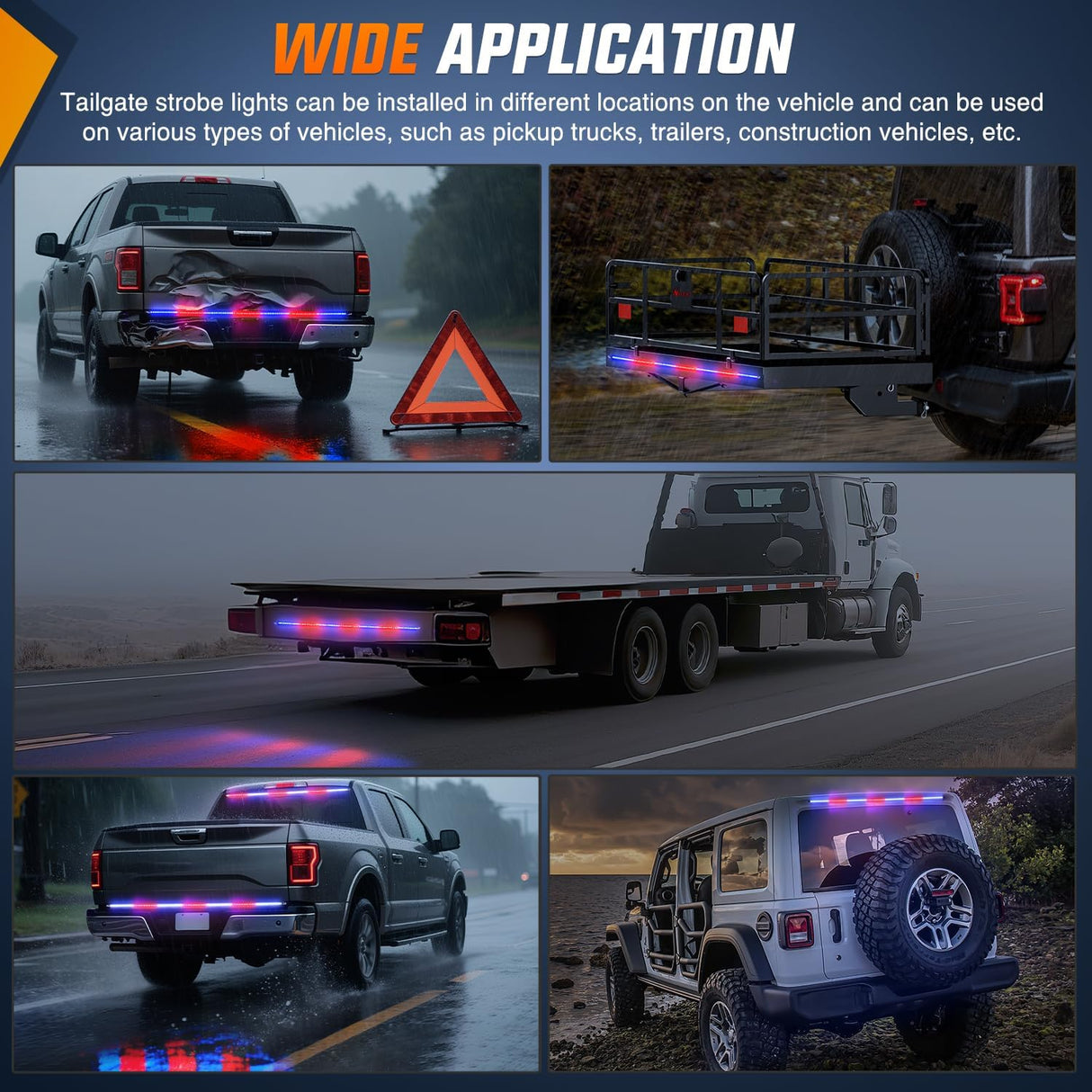 60 Inch Truck Tailgate Strobe Light Strip Tail Emergency Bar Rear Window Warning Lamp Ultra-Bright Double Row 360 LED for Pickup Trailers Construction Vehicles Car SUV, Red Blue