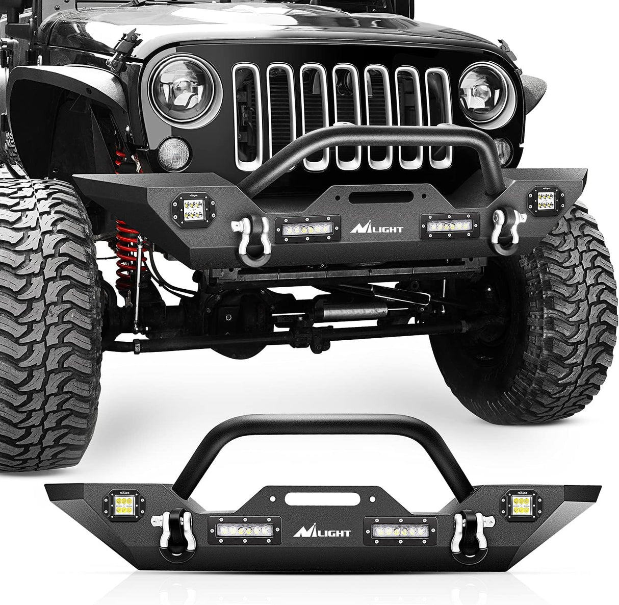 Front Bumper Compatible for 07-18 Wrangler JK & Unlimited Rock Crawler Bumper with 4 x LED Lights Winch Plate and 2 x D-Rings Upgraded Textured Black
