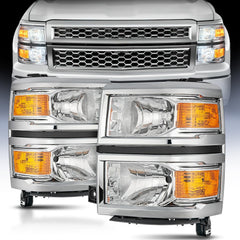2014 2015 Chevy Silverado 1500 Headlight Assembly Chrome Housing Amber Reflector