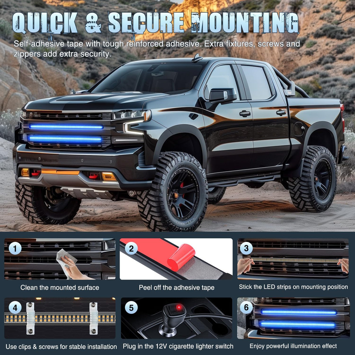 2PCS 24 inch Truck Grille Strobe Lights Strip 384 LED Emergency Light Blue Flexible Side Flashing Warning Caution Safety Waterproof Lighting Kit for Trucks Tow Plow Construction Vehicles
