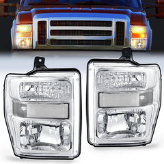 2008-2010 Ford F250 F350 F450 Super Duty Headlight Assembly Chrome Housing Clear Reflector Clear Lens