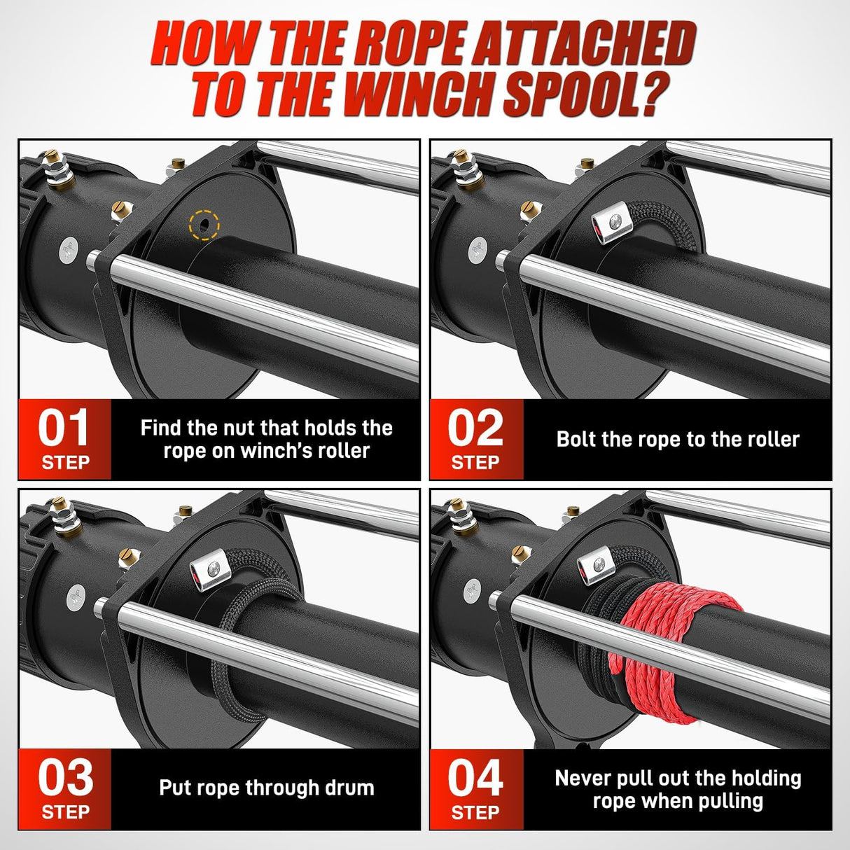 1/2 Inch Synthetic Winch Rope 85 Feet 32,000 lbs Line Cable Kit With Thimble Protective Sleeve Forged 35000lb Hook Universal for SUV 4WD Off Road Vehicle Truck ATV UTV, Red & Black