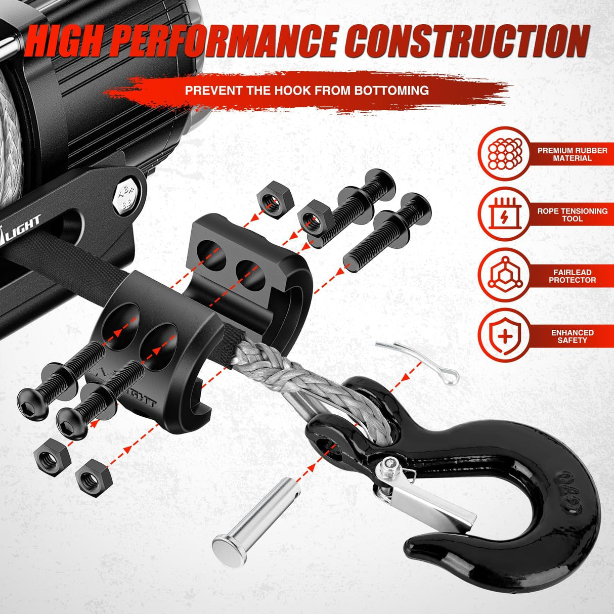 1/4 Inch x 50 Feet Synthetic Winch Line Cable Universal for ATV UTV 4x4 Off-Road Vehicle 9000 lbs Winch Line Ropes with Steel Hook Rubber Stopper Protective Sleeve Safety Strap, Grey