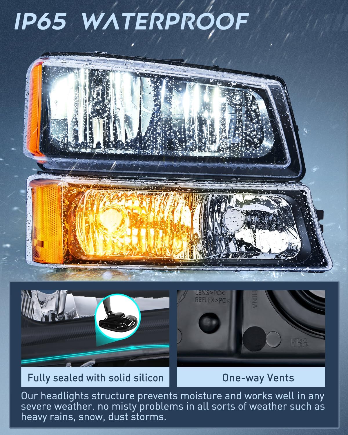 Headlight Assembly for 2003 2004 2005 2006 Chevy Silverado Avalanche 1500 1500HD 2500 2500HD 3500 Chevrolet Pickup Replacement Headlamp Black Housing Amber Reflector Bumper Lamp Set