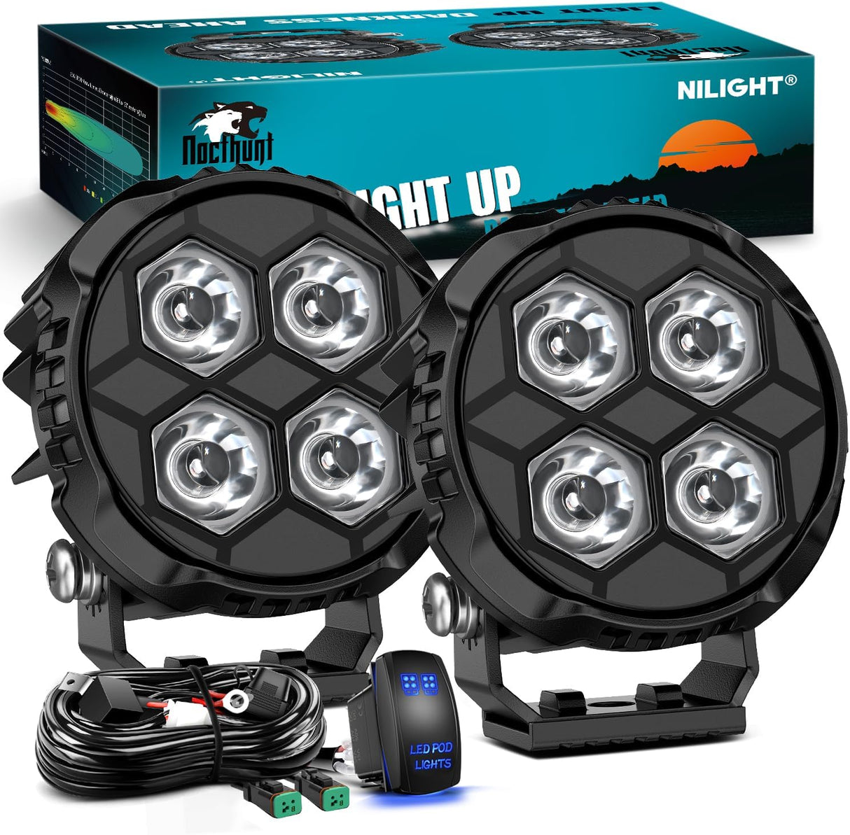 LED Pod Light 2 PCS 3.1 Inch 20W 4 LED Round Hyper Spot Beam Offroad Driving Lights w/18AWG Rocker Switch Wiring Harness Kit for Truck Motorbike Boat ATV UTV