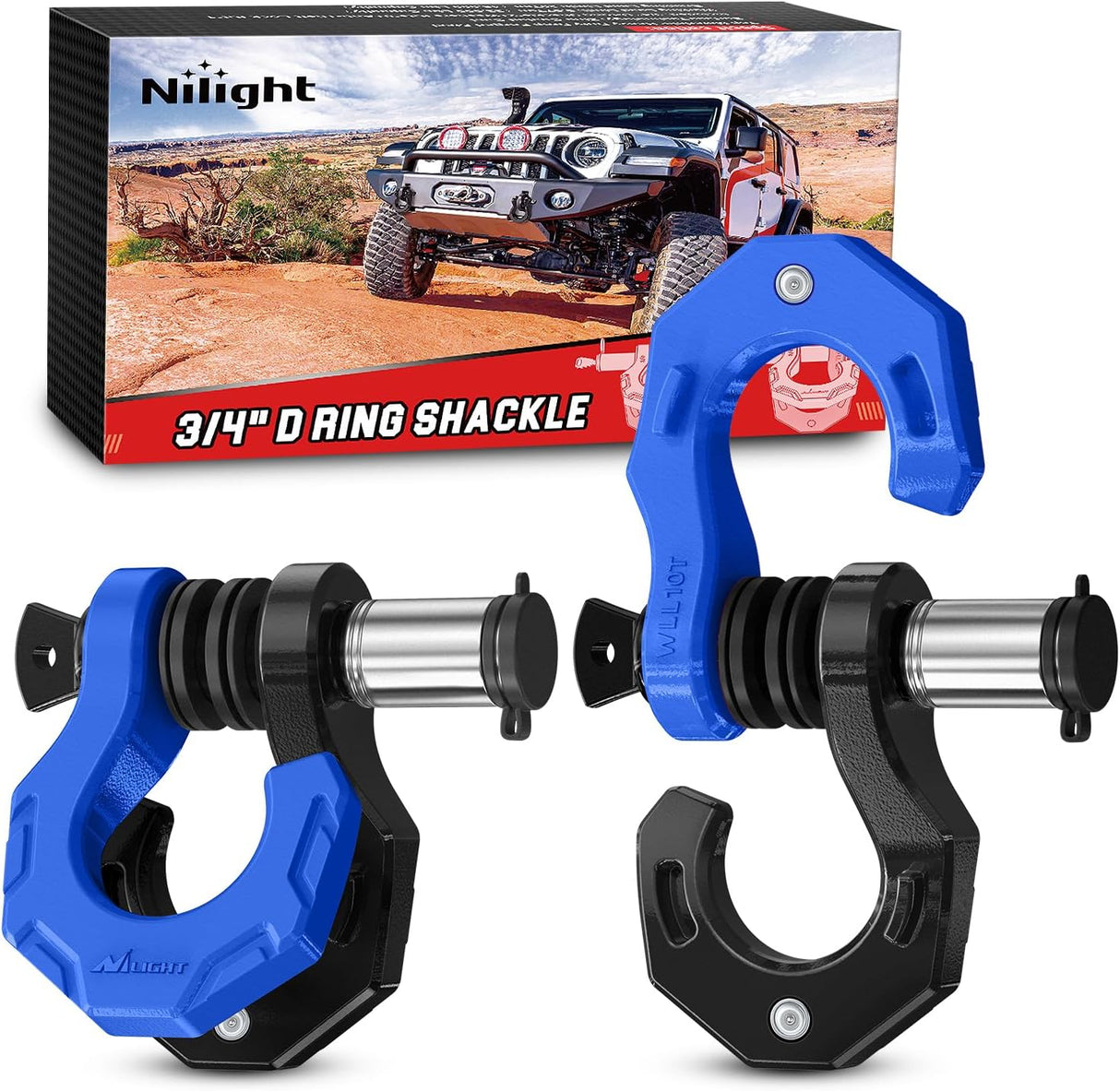 2 Pack 3/4 Inch D-Ring Separate Shackle 45,000 Lbs Break Strength | Includes 7/8 Inch Lock Pin, Isolators and Washers Off Road Recovery, for Tow Strap Winch Truck Vehicle Black&Blue