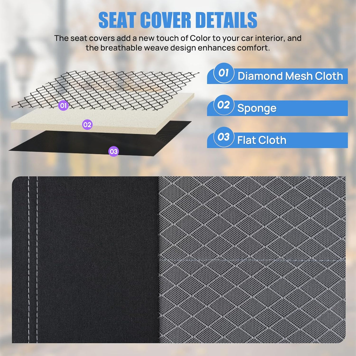 Car Seat Cover 2PCS Black Grey Breathable Mesh Interior Covers with Removable Headrest Airbag Compatible Universal for Cars Truck and SUV Front Seats