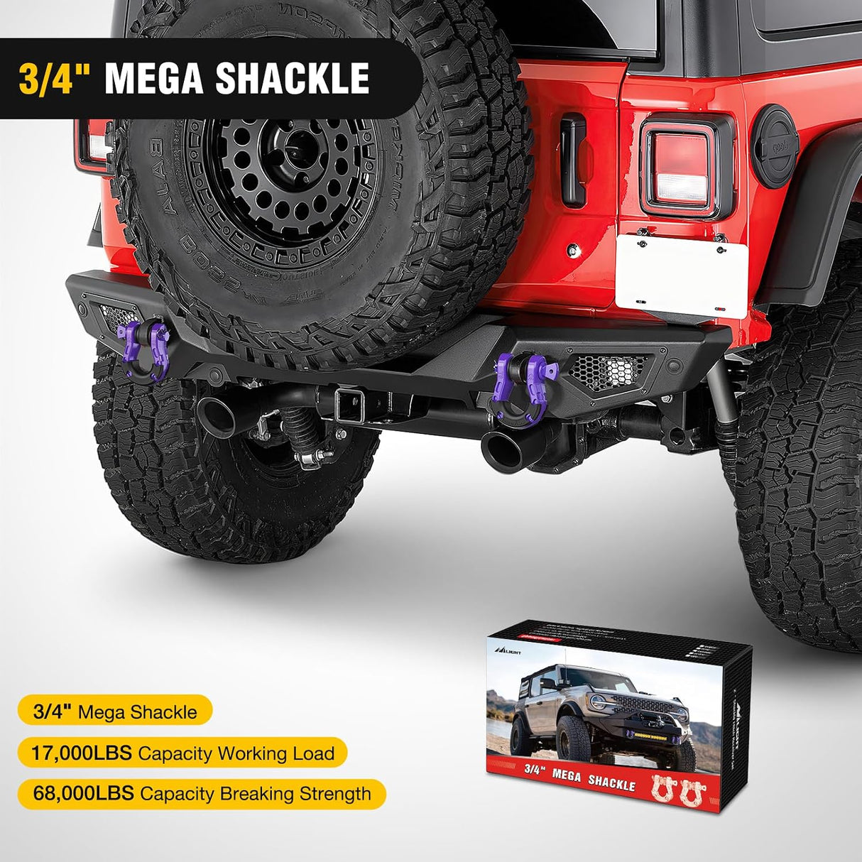 Mega D-Ring Shackles, 3/4 Inch Heavy Duty Recovery Tow Shackle | 7/8 Inch Screw Pin & isolator, 2Pcs Purple, 68,000 lbs Break Strength(17,000 lb WLL), Forged Steel, Off-Road Recovery
