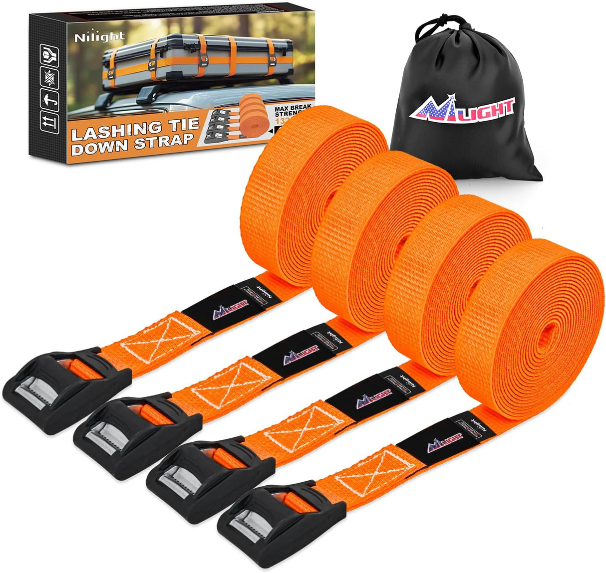 1in x 12ft Heavy Duty Lashing Straps 4PCS | Adjustable Cam Buckle Tie-Down Straps 1320LBS for Motorcycle Boat RV Cargo Trucks Trailer Luggage Orange&Black