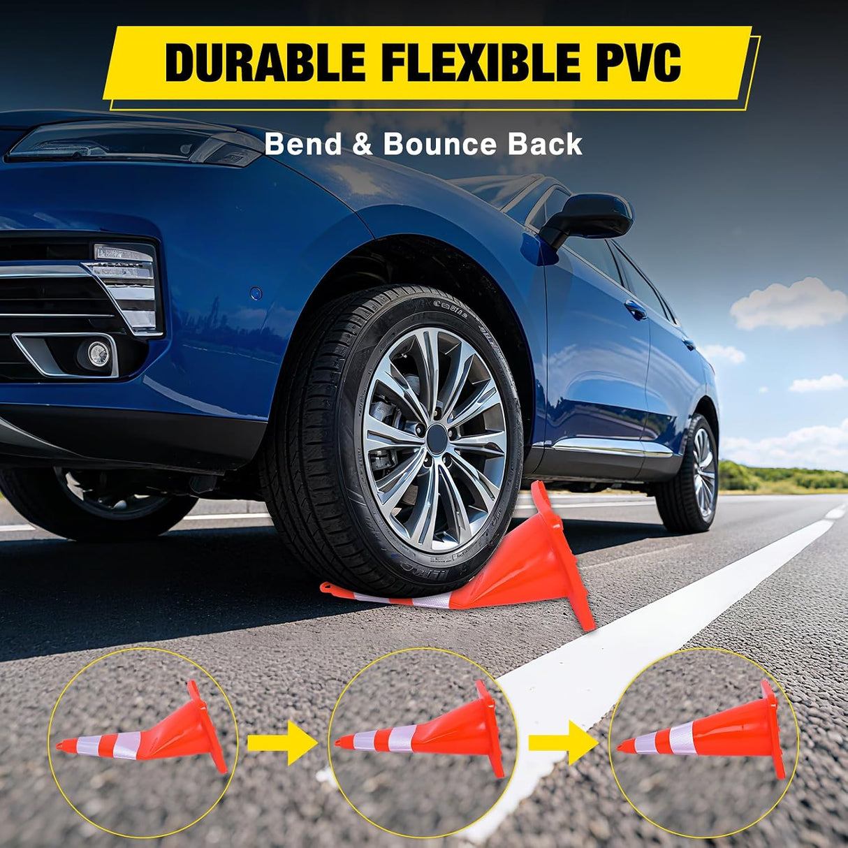 28 inch Traffic Safety Cones, 4 Pack Durable PVC Orange Cones with Reflective Collars for Road Safety, Parking, Construction Work, Sports Training