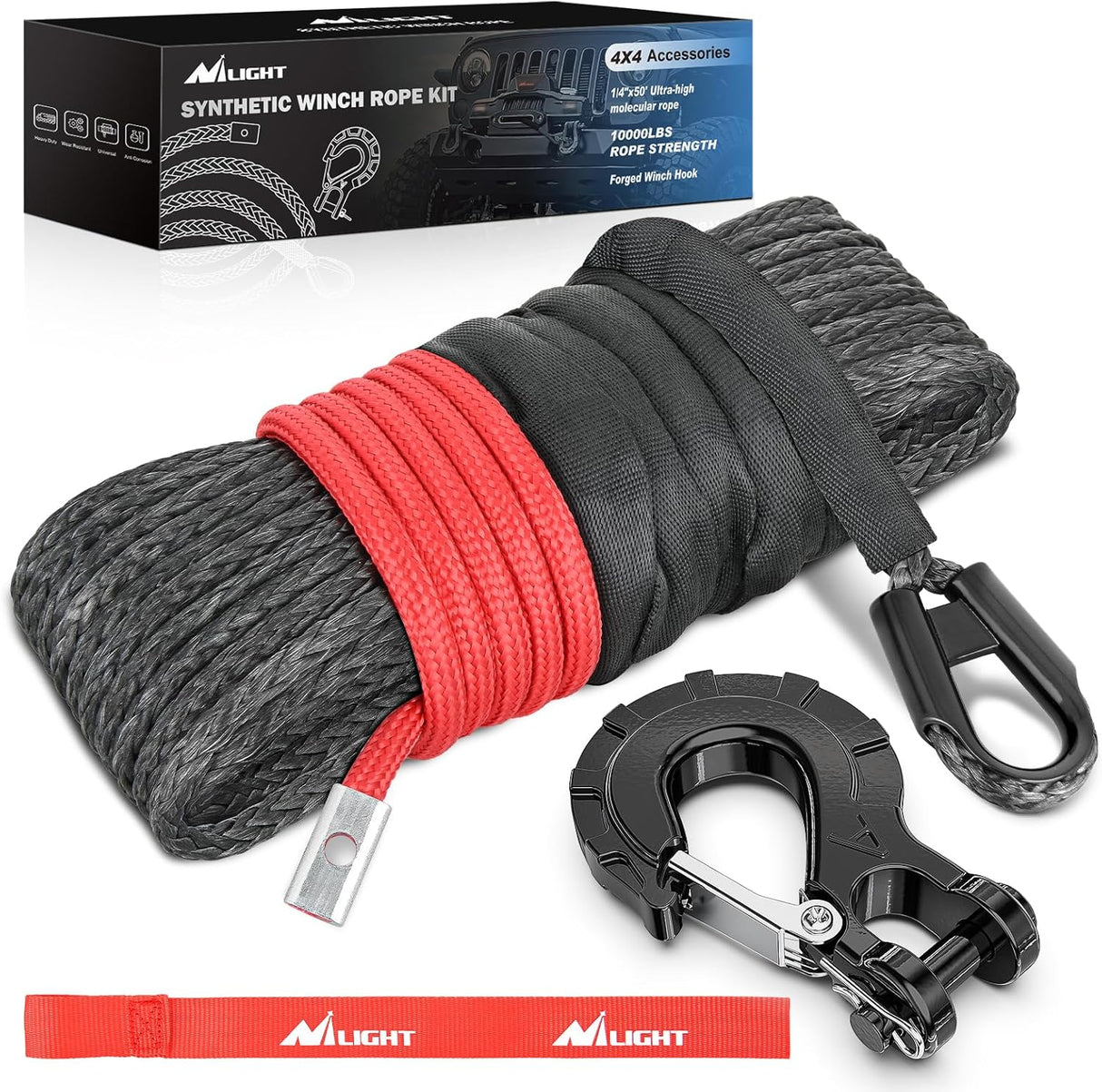 Winch Rope 1/4 Inch x 50 Ft Synthetic Winch Line Cable Kit Universal for ATV UTV Offroad Vehicle 10000 lbs Black Winch Line Ropes with Protective Sleeve+ Forged 35000lb Winch Hook+Safety Strap