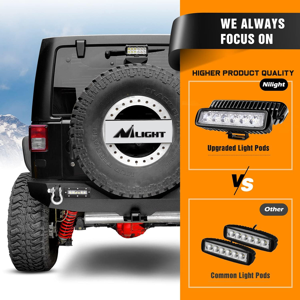 Rear Bumper Compatible for 2007-2018 Wrangler JK,Rock Crawler Bumper with Hitch Receiver & 2X Upgraded 18W LED Lights Off Road Textured Black,2 Years Warranty