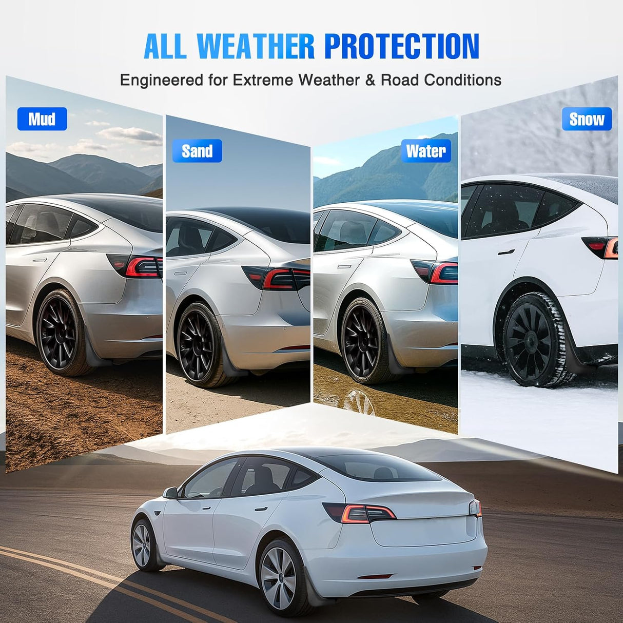 Mud Flaps for Tesla Model 3 2017 2018 2019 2020 2021 2022 2023, No Drilling Precision Fit Exterior Accessories Heavy-Duty Splash Guards Protection, Front & Rear Set