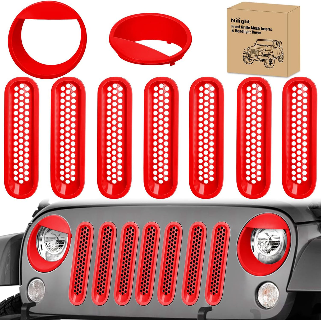 Grill Inserts fit for Jeep Wrangler Front Grille Mesh Inserts & Headlight Cover Set for JK JKU Unlimited Sports Sahara Freedom Rubicon 2007-2018 Clip-in Trim Exterior Accessories Red 9 Pcs