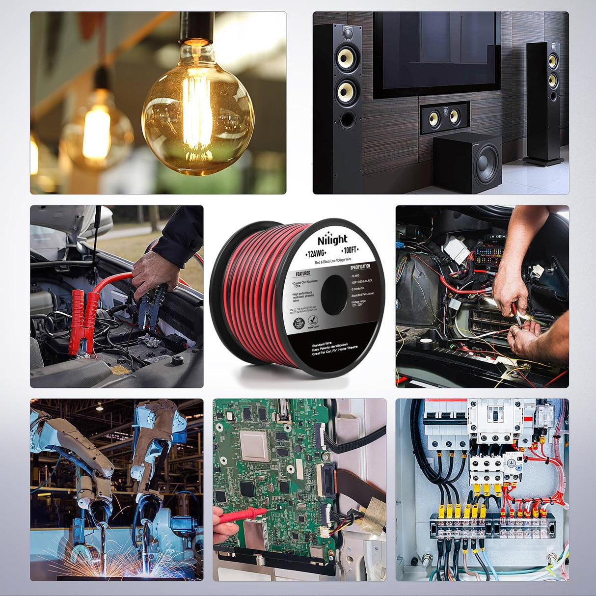 12AWG 100FT Copper Clad Aluminum Wire 12/2 Gauge Red Black CCA Electrical Cable 2 Conductor Parallel 12V 24V DC Flexible Extension Cords Nilight