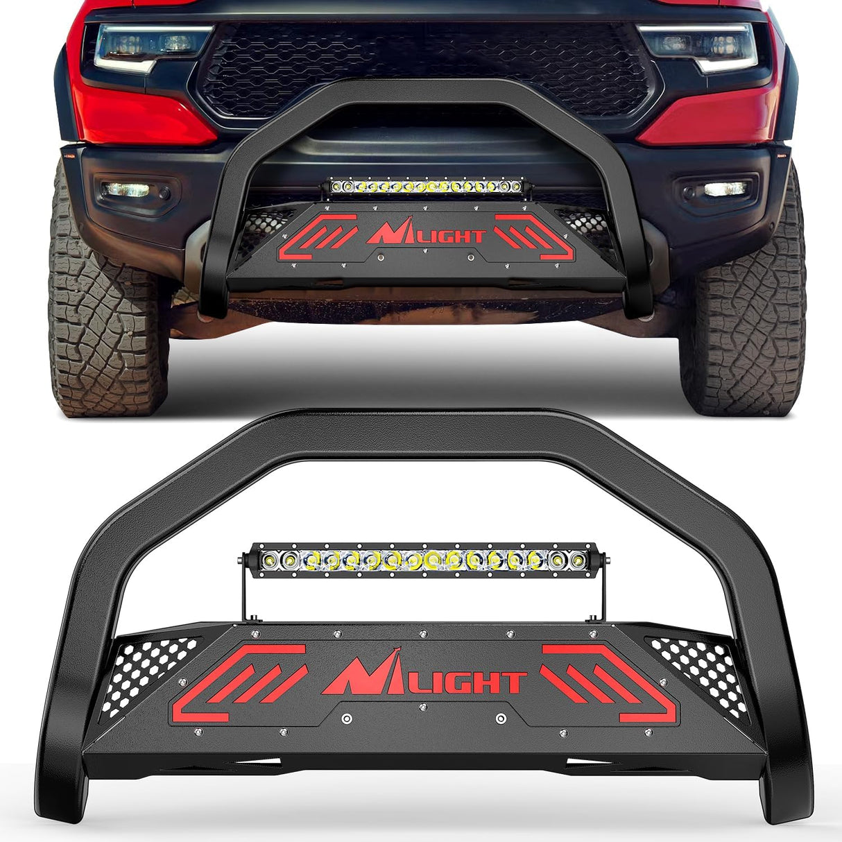Bull Bar with Light fits Dodge Ram 1500 New Body 2019-2024 (Not fit Rebel,TRX,Classic & 20-22Diesel) Front Bumper Grille Brush Push Guard with Skid Plate Licence Hole Black