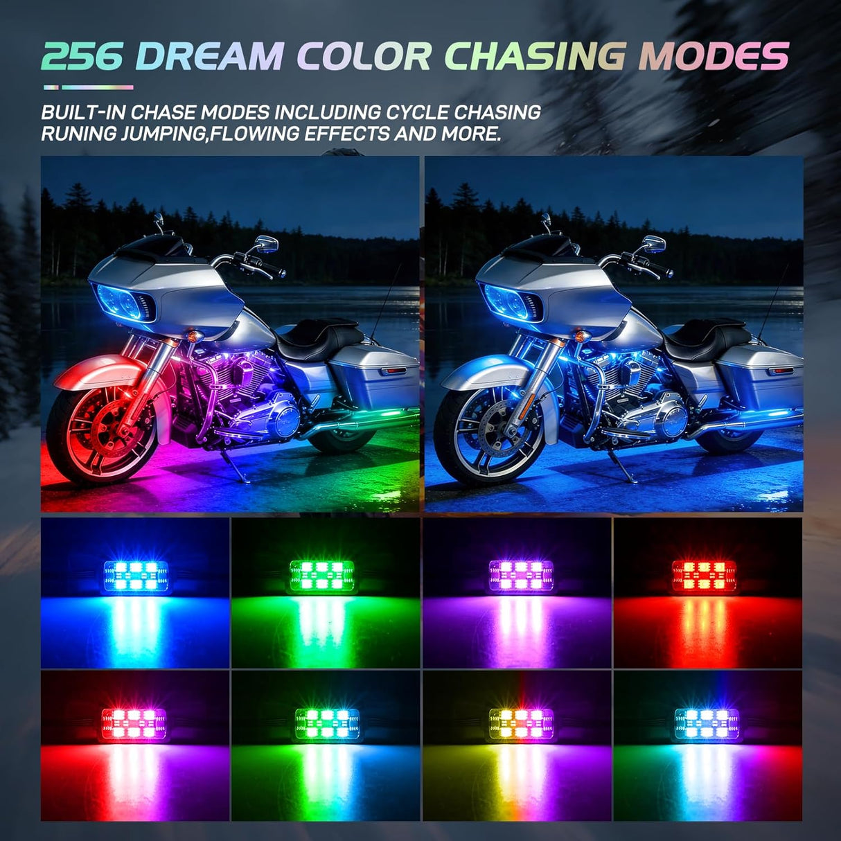 8PCS Motorcycle Dream Color LED Strip Lights Kit Waterproof Multicolor Atmosphere Neon Accent Lights Pods Lamp APP and Remote Control Underbody Strips for Harley Davidson Honda Kawasaki Suzuki