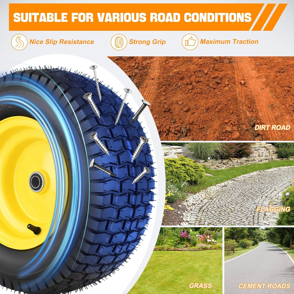 16x6.50-8 Lawn Mower Tires, 16 Inch Pneumatic Rubber Tire with 3/4 Inch Axle Bore & 3 Inch Hub Length, Air-Filled Replacement Wheels for Riding Lawn Mowers, 2 Pack