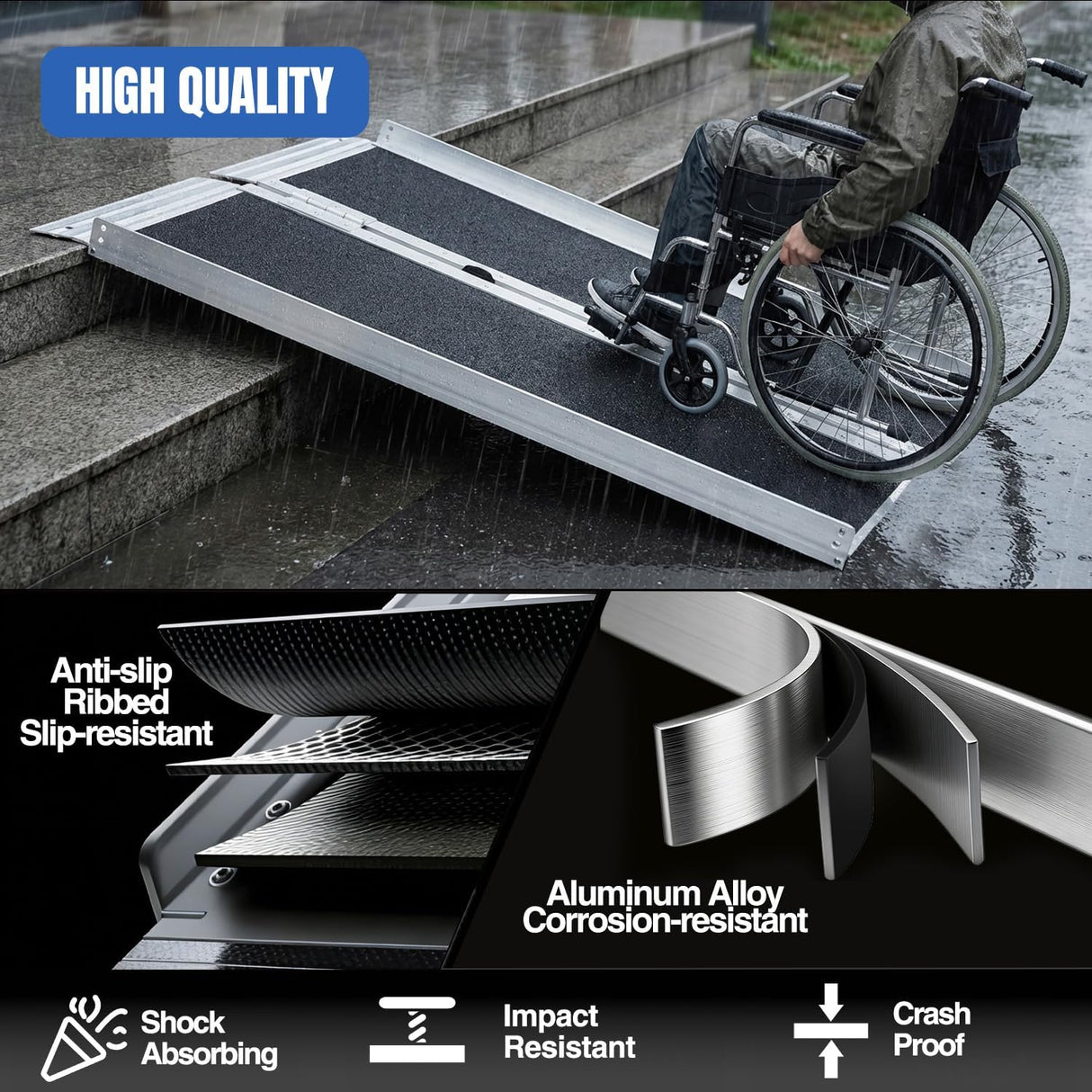 3 Feet Portable Wheelchair Ramp with Quick-Lock Non-Skid Aluminum | Handicap Ramps with Handle Folding Threshold Ramp for Home Steps, Stairs, Doorways, Scooter, Porch, Cart 800LBS Capacity