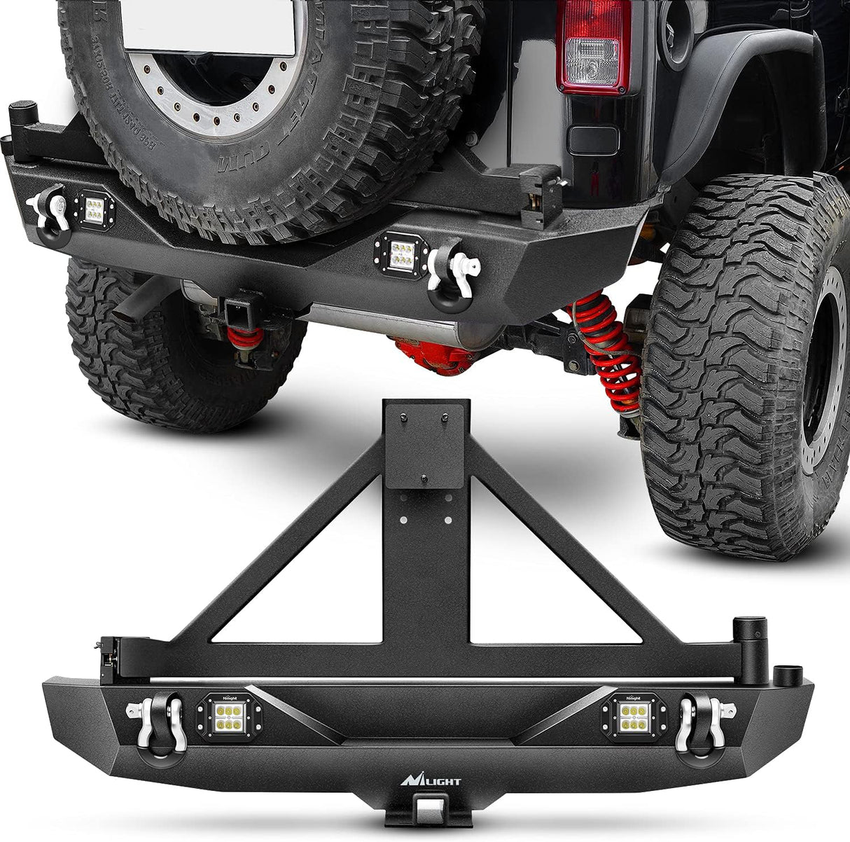 Rear Bumper & Spare Tire Rack & Hitch Receiver w/2 LED Lights Compatible for 2007-2018 Wrangler JK for 2007-2018 Wrangler JK & Unlimited