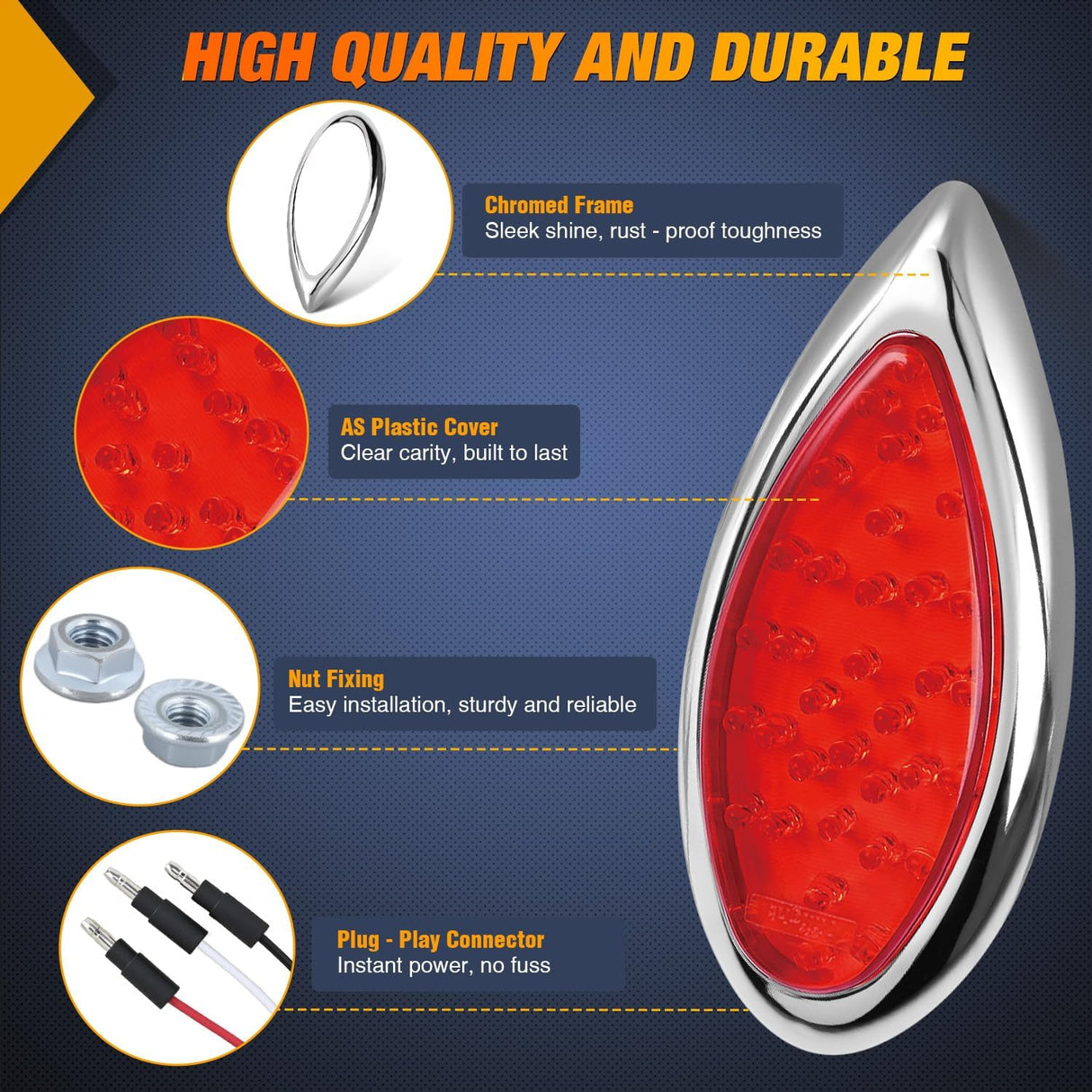 Trailer Tail Lights 2PCS 5.9Inch Teardrop 35LED Red Chrome | Bezel Marker Clearance Stop Brake Turn Signal Running Taillights IP67 Waterproof for Trailer Truck Pickup Camper RV