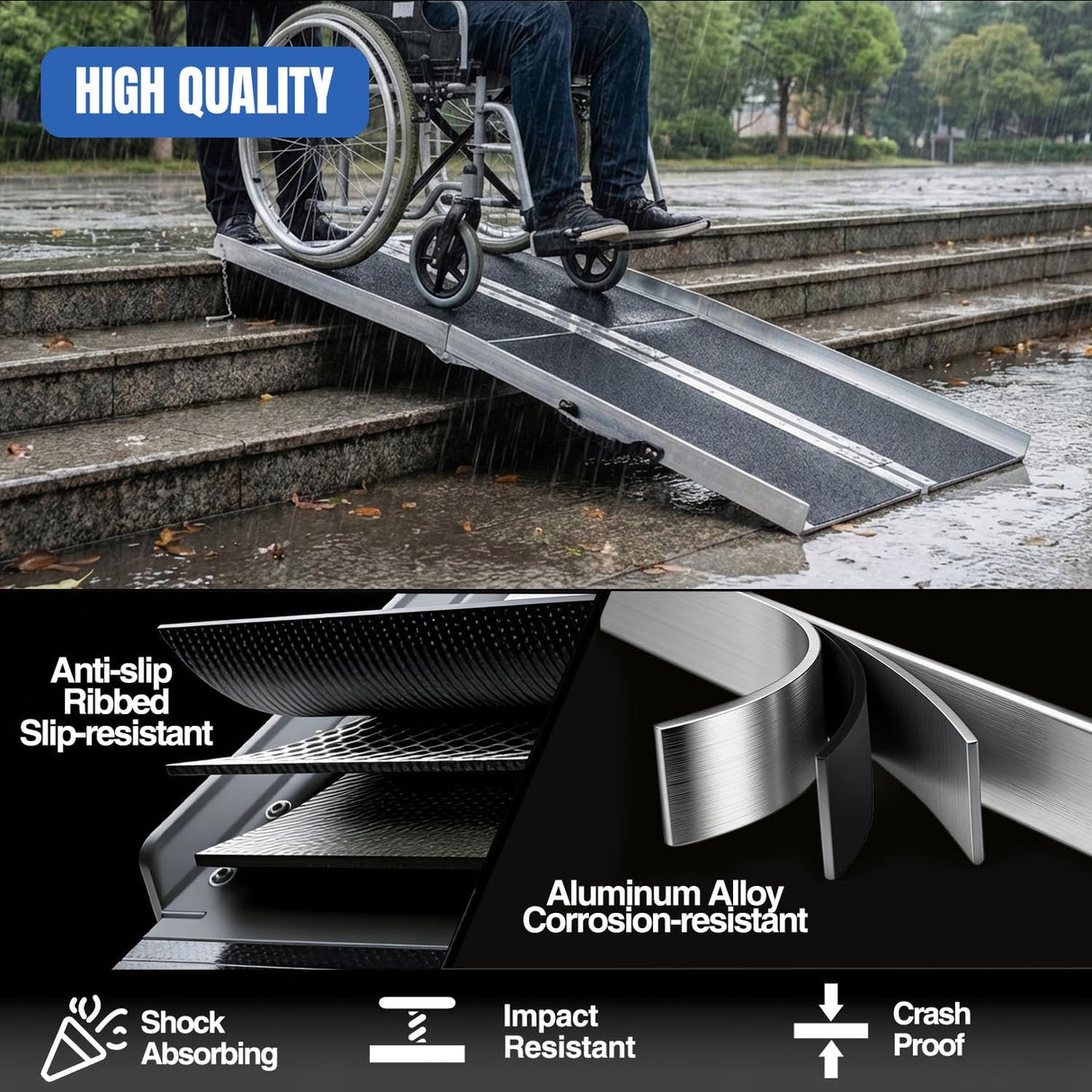 5 Feet Portable Wheelchair Ramp with Quick-Lock Non-Skid Aluminum | Handicap Ramps with Handle Folding Threshold Ramp for Home Steps, Stairs, Doorways, Scooter, Porch, Cart 800LBS Capacity