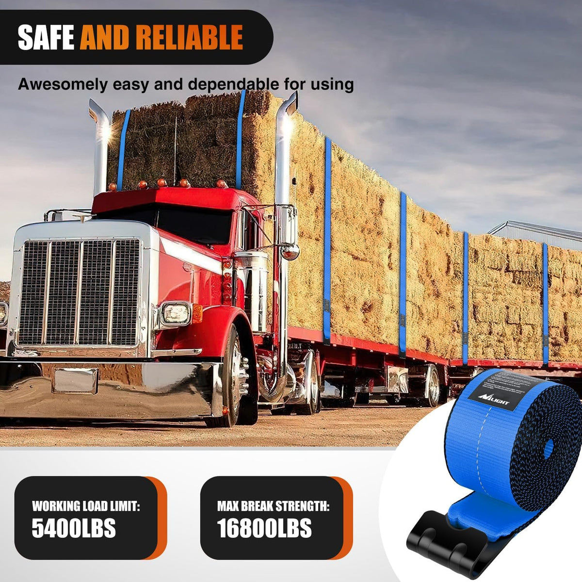 Truck Straps 4 Inch x 30' Heavy Duty Tie Down with Flat Hooks | 16800LBS Break Strength & 5400LBS WLL for Flatbed Trailer Cargo Control Recovery Tree Saver 10 Pack Blue