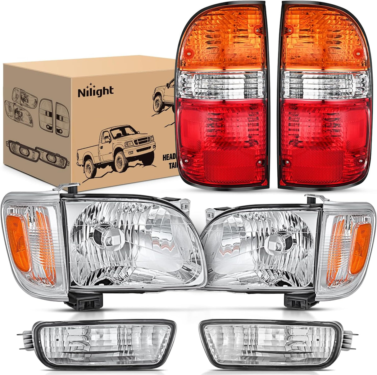 Headlight and Taillight Assembly Combo Compatible with 2001 2002 2003 2004 Toyota Tacoma OE Style Chrome Housing Amber Reflector with Red Housing Tail Lights