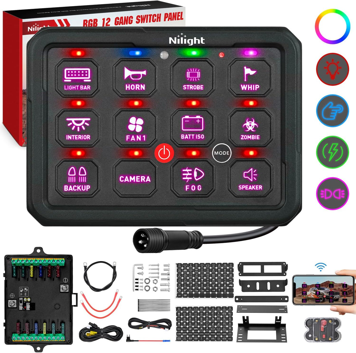 12 Gang Switch Panel Circuit Control Relay System APP RGB Backlight Fuse Wiring Harness Toggle Momentary Strobe Flash Modes Automatic Dimmable 12V 24V for Car Truck Camper SUV