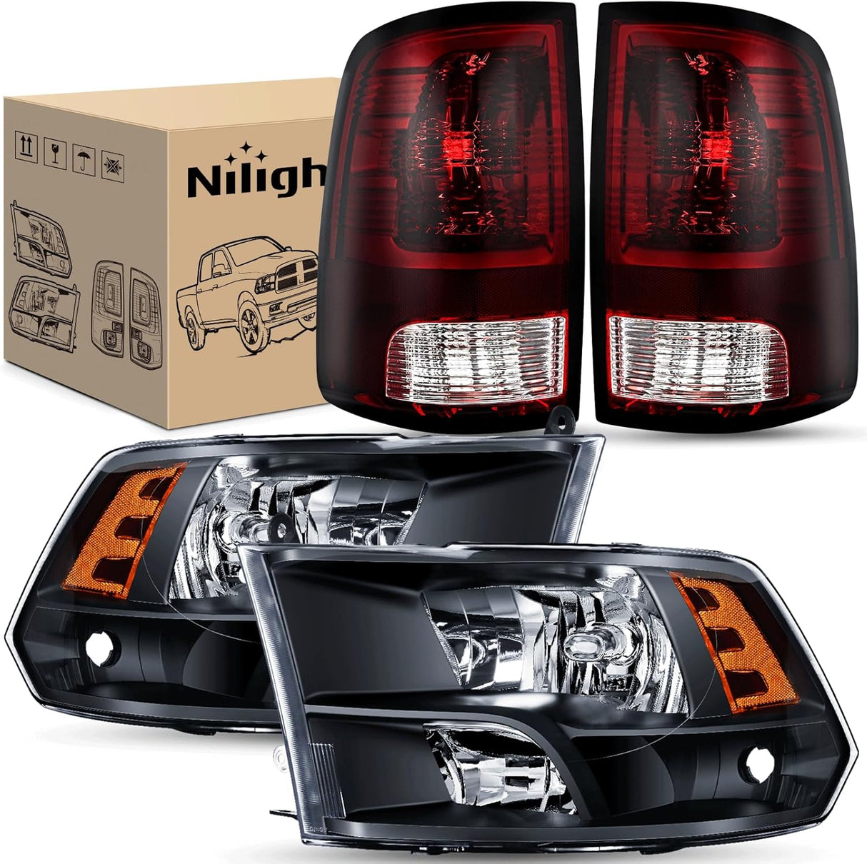 Headlight and Taillight Assembly Combo Compatible with 2009 2010 2011 2012 2013 2014 2015 2016 2017 2018 Dodge Ram for Quad Models Black Housing Amber Reflector with Dark Red Tail Light