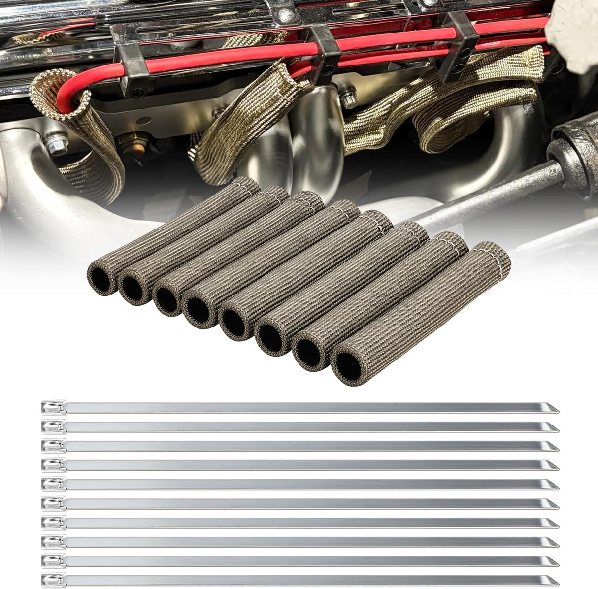 Spark Plug Wire Heat Shield Sleeve, 8Pcs 3632°F Boot Protector - with 10 Metal Zip Ties, Replacement for LS1/LS2 SBC BBC 350 454 Car Truck, 6 Inch Titanium