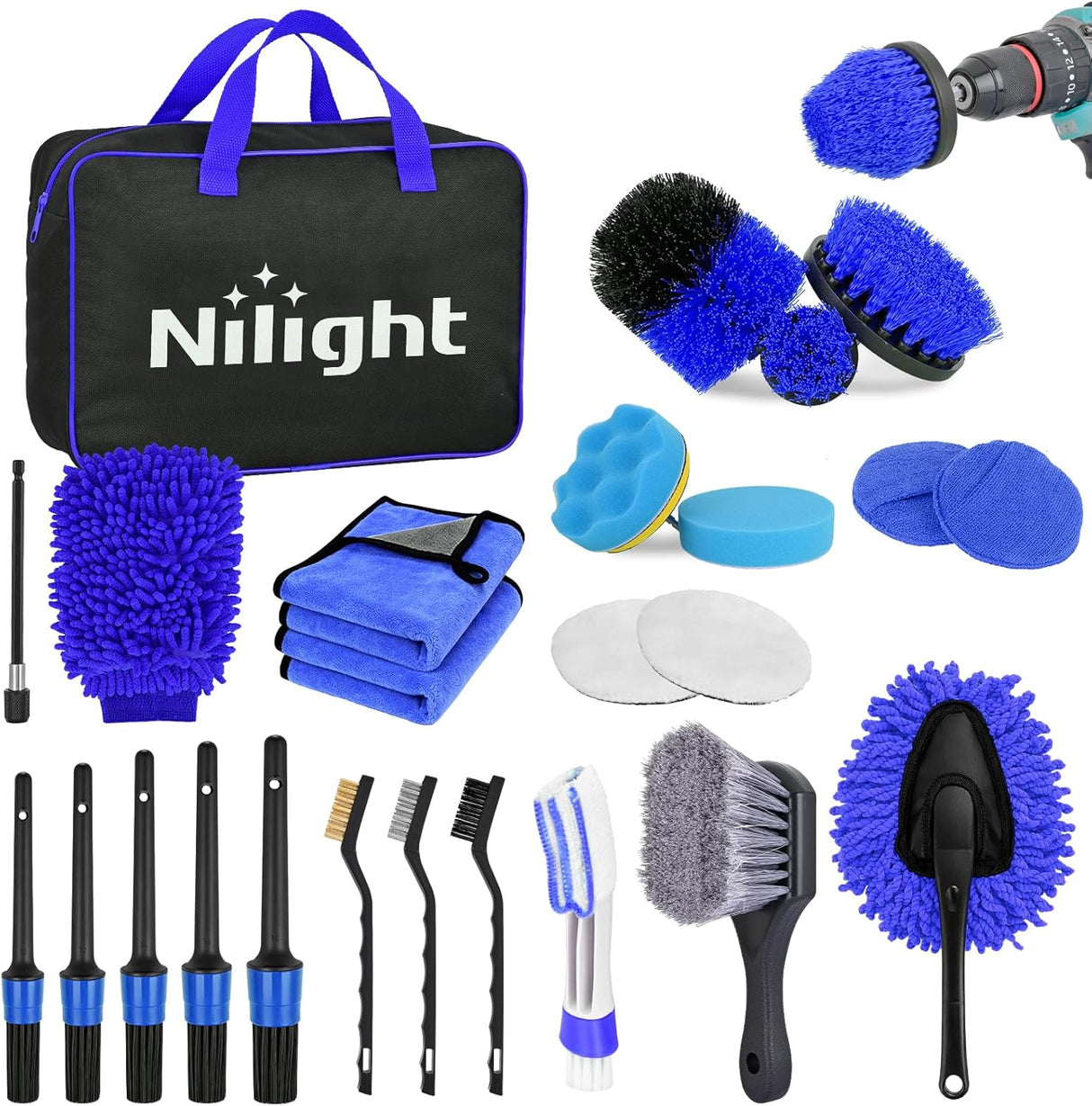 Automotive Tools 27PCS Car Detailing Kit Auto Cleaning Tools Wash Set with Storage Carry Bag Home Use for Interior Exterior Deep Clean Polish Car Care Windshield Dashboard Seat Air Vents Wheels Tires, Blue