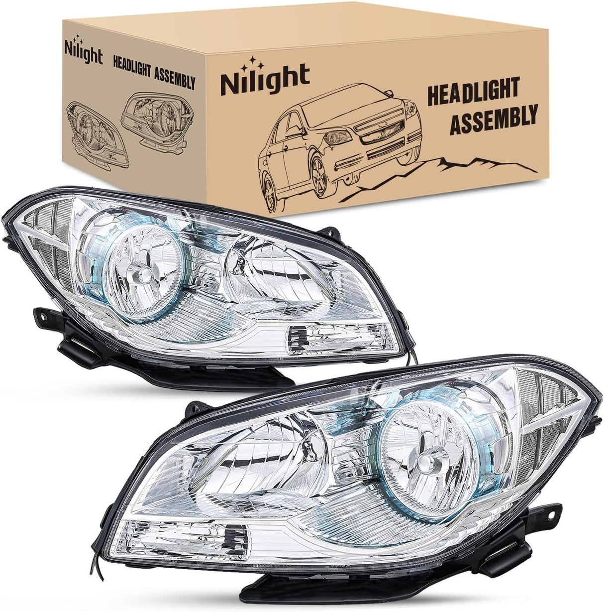 Headlight Assembly Compatible with 2008 2009 2010 2011 2012 Chevy Malibu 4 Door Halogen Factory Headlamp Chrome Housing Clear Reflector Headlamp Passenger and Driver Side