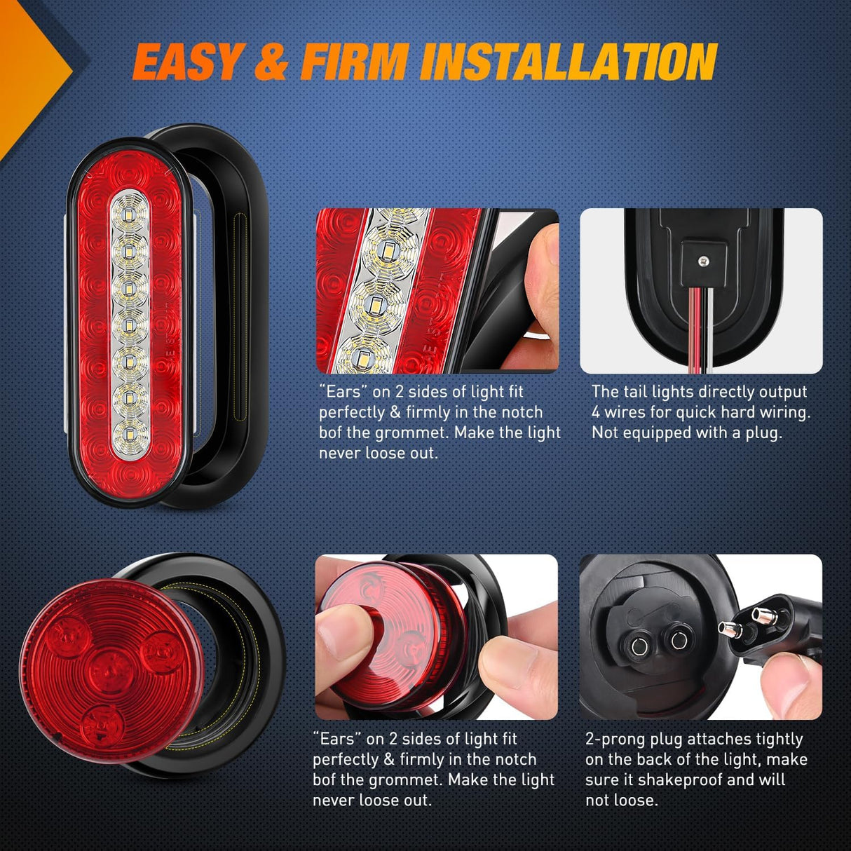 2 PCS Steel Trailer Light Boxes Housing Kit 3LED License Plate Lights 6 Inches Oval Red White Trailight 2 Inch Round Side Marker Lamp Grommet Plugs for Truck Tractor Car