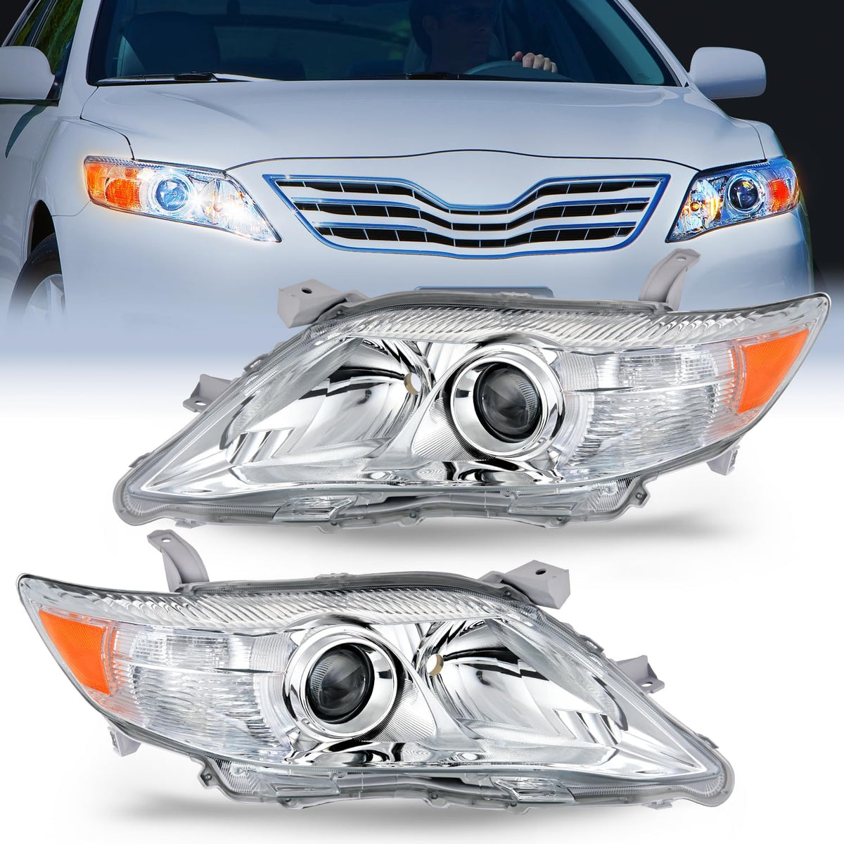 2010 2011 Toyota Camry Headlight Assembly Chrome Housing Amber Reflect