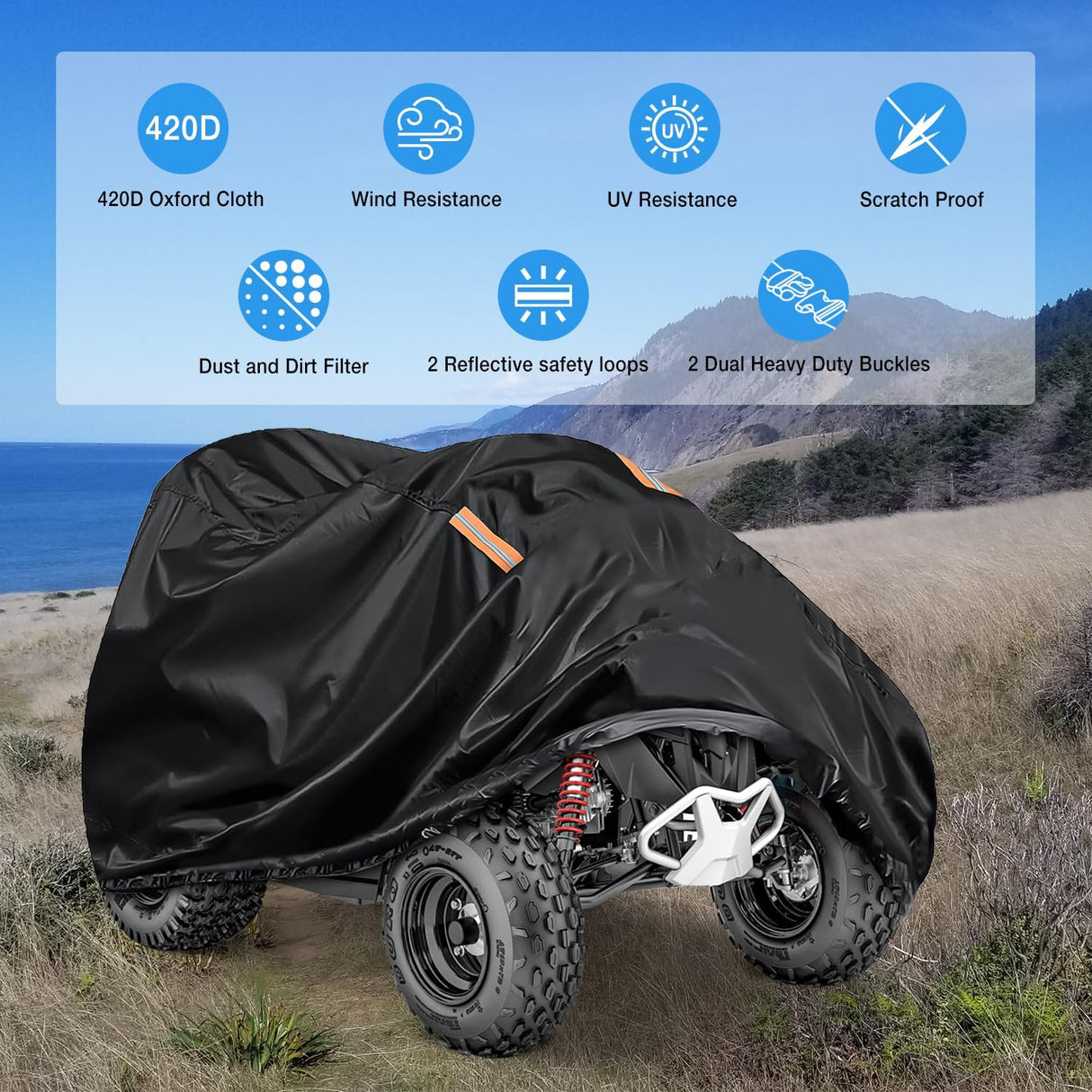 ATV Cover Waterproof 420D Heavy Duty Ripstop Material Black Protects 4 Wheeler from Snow Rain All Season All Weather UV Protection Fits up to 86 Inch Nilight