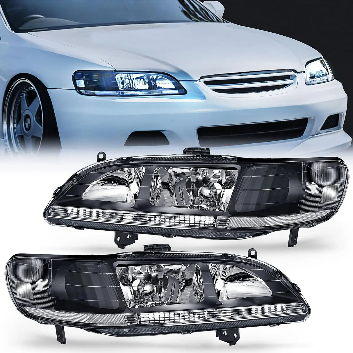 Headlight Assembly Headlight Assembly Black Case Clear Reflector Upgraded Clear Lens For 1998-2002 Honda Accord (Pair)