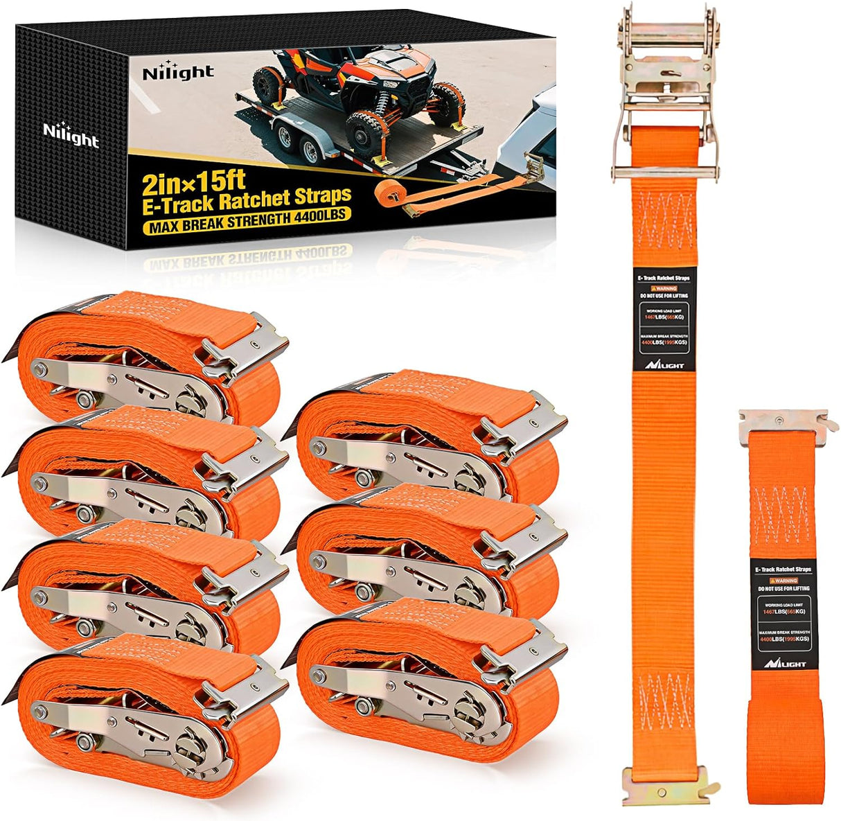 E-Track Ratchet Straps 8 Pack 2 Inch x 15 Inch Orange | Heavy Duty Cargo Tie-Downs 4400 lbs Breaking Strength Standard E Track accessories Fit for Cargo Vans Trucks Trailers