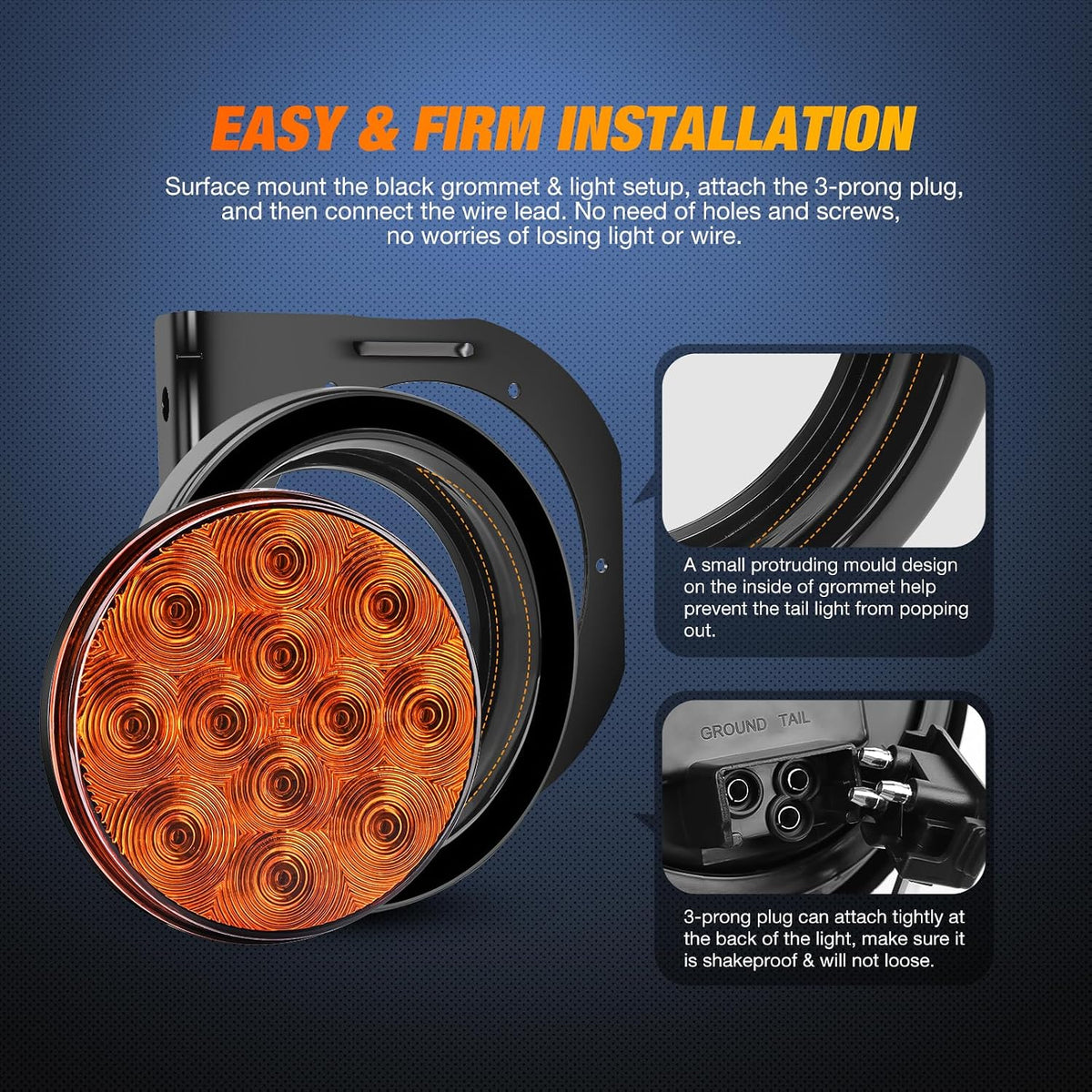 4 Inch Round Trailer Tail Light 2PCS Amber w/Mounting Brackets | Turn Signals Lights With Flush Mount Grommets Plugs s Kit For RV Truck Offroad Vehicles