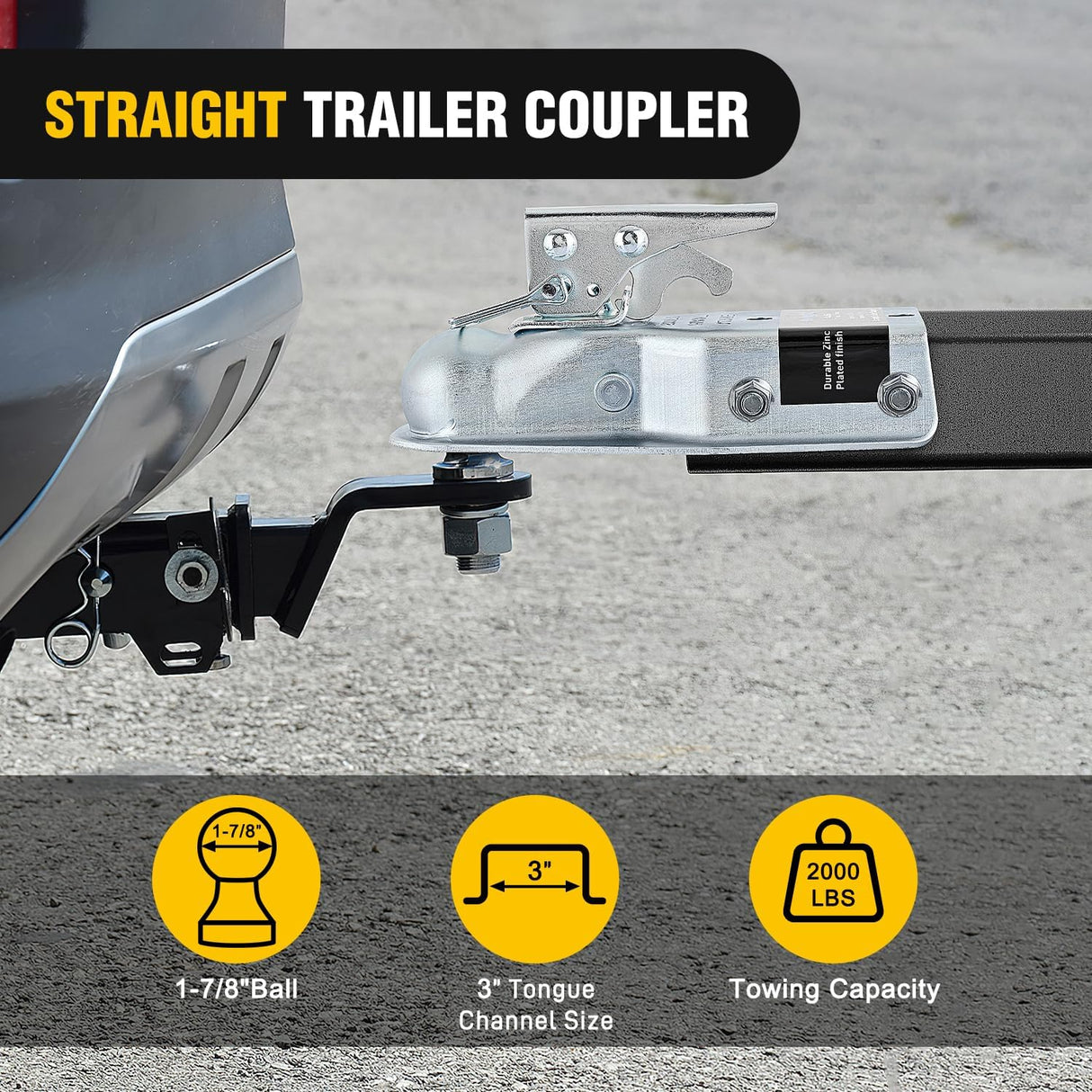Straight Trailer Coupler with Security Latch&Chain for 1-7/8 Inch Hitch Ball, 3-Inch Channel,2000 LBS,Heavy Duty Trailler Tongue Coupler for Station Wagon, Truck, Bolted & Welded Installation